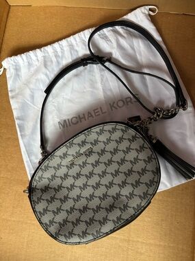 Michael Kors Gray/Black MK Logo Oval Crossbody with Tassel